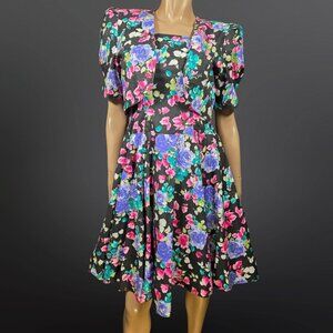 Vintage 80 Dark Floral Swing Dress With Bolero Jacket Size S Romantic Feminine